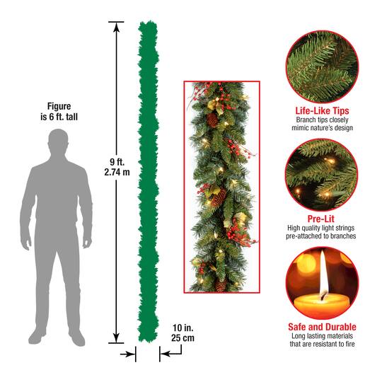 9' x 10" Pre-lit Classical Collection Artificial Christmas Garland with Red Berries, Cones, Holly Leaves and 50 Clear Lights